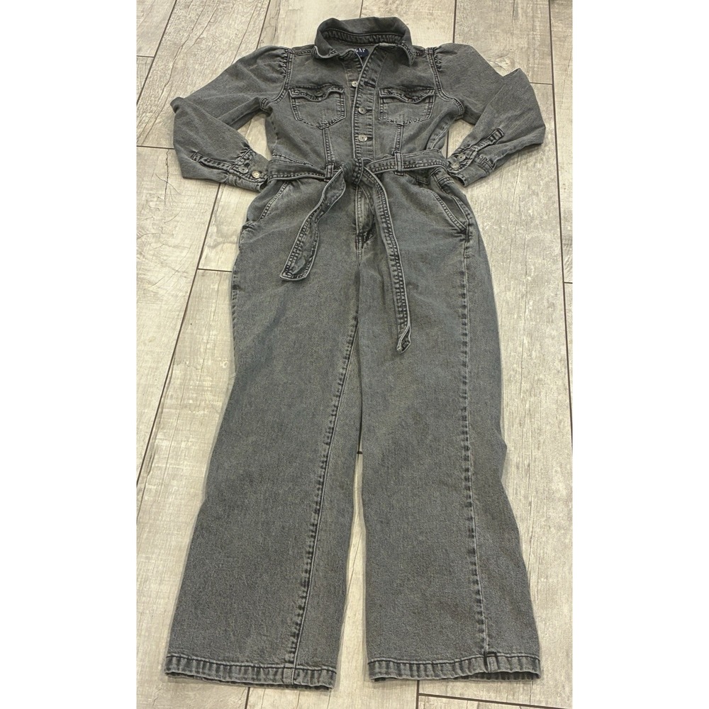 GAP Denim Jumpsuit Size 2P Washed Black Belted Puff Sleeve Button Up Retro 90's - Picture 2 of 10